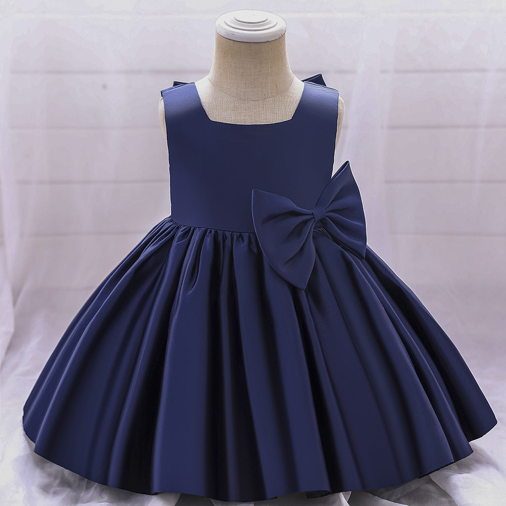 Baby Girl Solid Color Bow Patched Design Sleeveless Western Style Satin Dress, MyKids-USA®, Baby & Toddler Dresses, MyKids-USA - Size/Age - 73 (6-9M) - Color - Navy Blue (Dark Blue) -  -  - JM2206172358