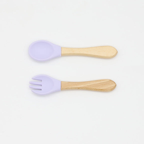 Baby Food Grade Wooden Handles Silicone Spoon Fork Cutlery, MyKids-USA®, Spoon and Fork, MyKids-USA - Size/Age - Average Size (0-8Y) - Color - Purple -  -  - JM2204211432-H