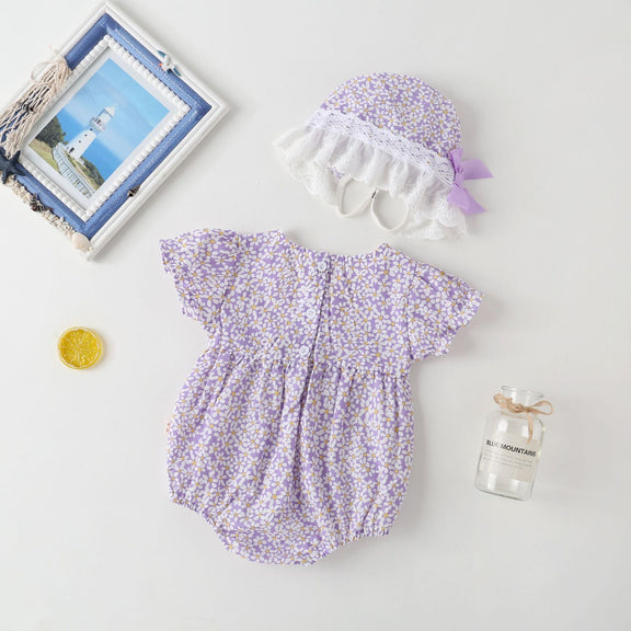 Baby Girl Floral Pattern Lace Patchwork Round Collar Short-Sleeved Colorful Cotton Onesies With Hat, MyKids-USA®, Baby & Toddler Outerwear, MyKids-USA -  -  -  -  -  -  - 