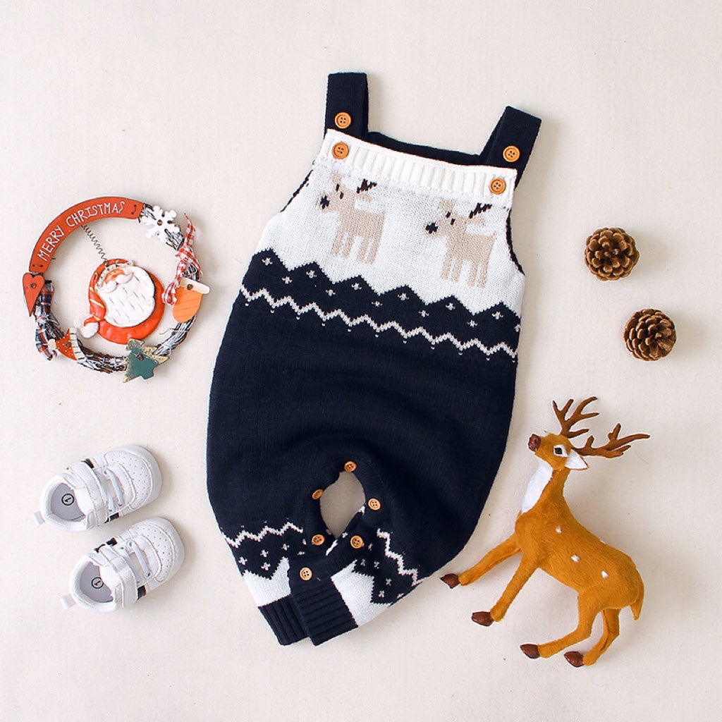 Baby Christmas Elk Pattern Srappy Design Sweater Rompers, MyKids-USA®, Baby One-Pieces, MyKids-USA - Size/Age - 73 (6-9M) - Color - Navy Blue -  -  - JM2206112011