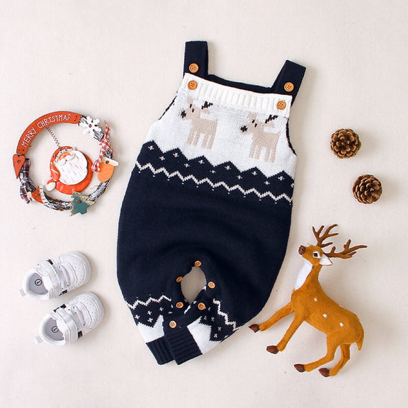 Baby Christmas Elk Pattern Srappy Design Sweater Rompers, MyKids-USA®, Baby One-Pieces, MyKids-USA - Size/Age - 73 (6-9M) - Color - Navy Blue -  -  - JM2206112011