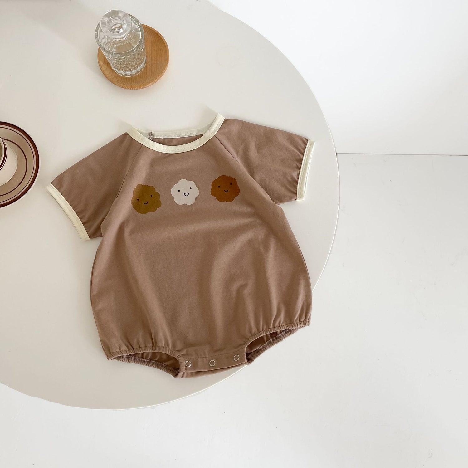 Baby Girl Cute Smile Face Print Short-Sleeved Round Collar Simpfy Onesies, MyKids-USA®, Baby & Toddler Outfits, MyKids-USA - Size/Age - 66 (3-6M) - Color - Brown -  -  - SH2203121113