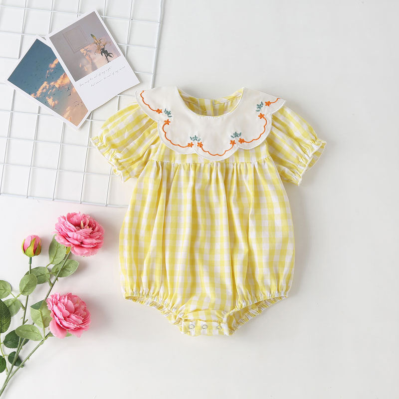 Baby Girl Plaid Pattern Floral Embroidery Round Collar Short-Sleeved Onesies, MyKids-USA®, Baby & Toddler Outerwear, MyKids-USA - Size/Age - 66 (3-6M) - Color - Yellow -  -  - JM2203301458