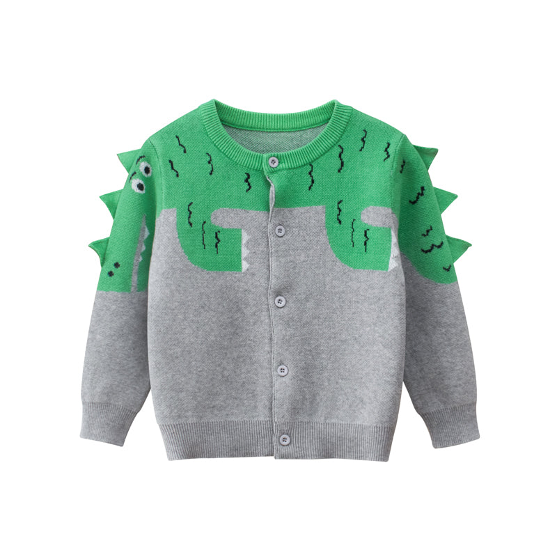 Boys Dinosaur Pattern Round Collar Long-Sleeved Sweater Cardigan, MyKids-USA®, Baby & Toddler Outerwear, MyKids-USA - Size/Age - 90 (12-24M) - Color - Green -  -  - SH2201051910