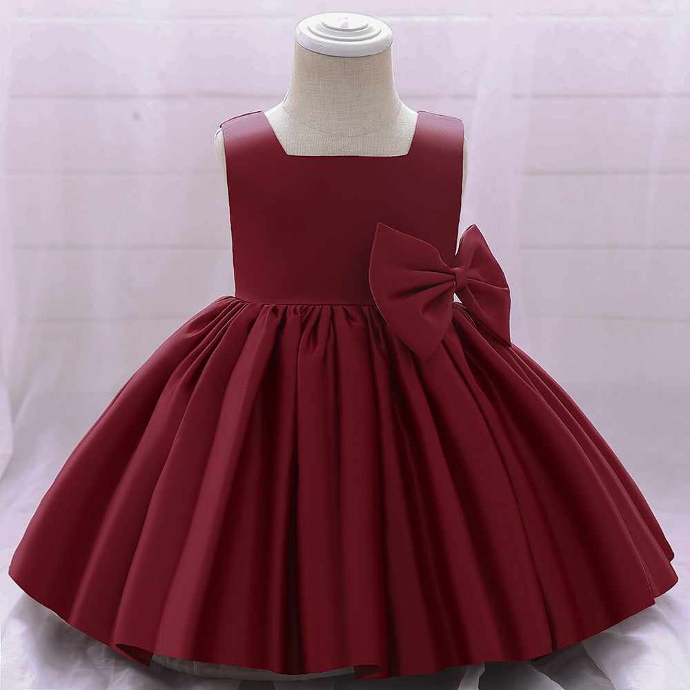 Baby Girl Solid Color Bow Patched Design Sleeveless Western Style Satin Dress, MyKids-USA®, Baby & Toddler Dresses, MyKids-USA - Size/Age - 73 (6-9M) - Color - Red -  -  - JM2206172358