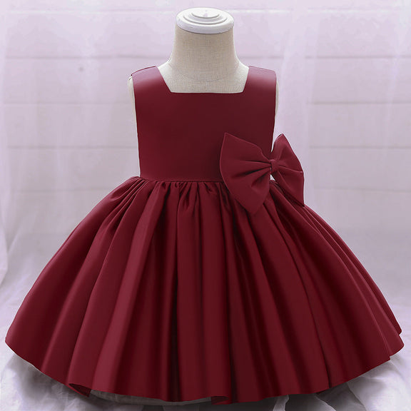 Baby Girl Solid Color Bow Patched Design Sleeveless Western Style Satin Dress, MyKids-USA®, Baby & Toddler Dresses, MyKids-USA - Size/Age - 73 (6-9M) - Color - Red -  -  - JM2206172358