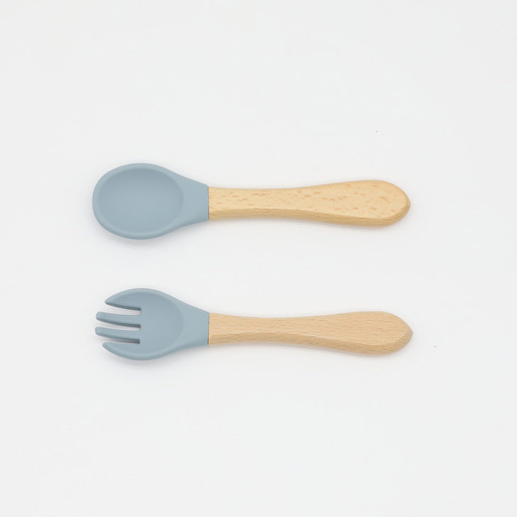 Baby Food Grade Wooden Handles Silicone Spoon Fork Cutlery, MyKids-USA®, Spoon and Fork, MyKids-USA - Size/Age - Average Size (0-8Y) - Color - Blue -  -  - JM2204211432-F
