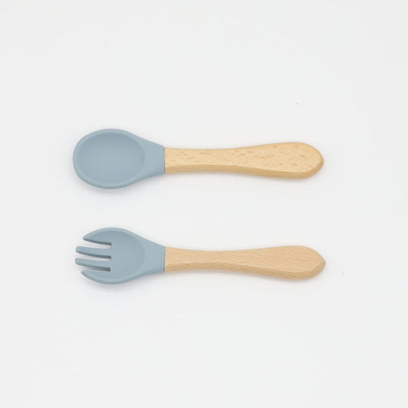 Baby Food Grade Wooden Handles Silicone Spoon Fork Cutlery, MyKids-USA®, Spoon and Fork, MyKids-USA - Size/Age - Average Size (0-8Y) - Color - Blue -  -  - JM2204211432-F