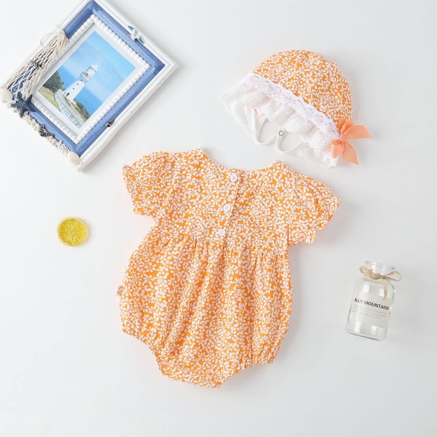 Baby Girl Floral Pattern Lace Patchwork Round Collar Short-Sleeved Colorful Cotton Onesies With Hat, MyKids-USA®, Baby & Toddler Outerwear, MyKids-USA -  -  -  -  -  -  - 