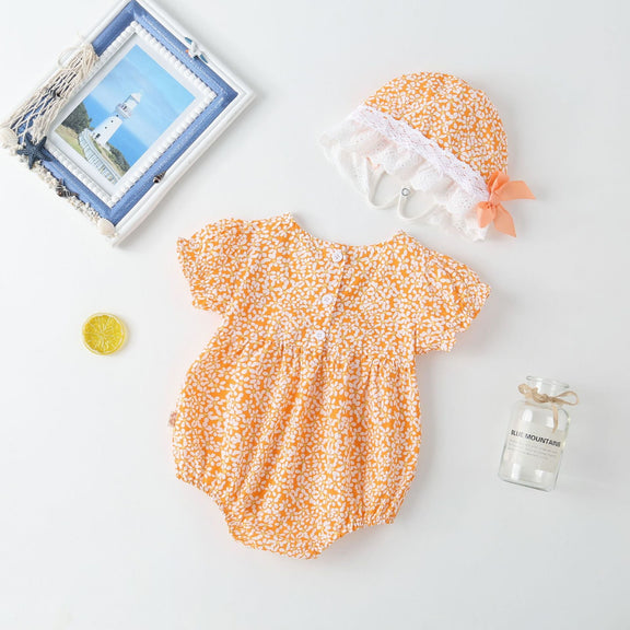 Baby Girl Floral Pattern Lace Patchwork Round Collar Short-Sleeved Colorful Cotton Onesies With Hat, MyKids-USA®, Baby & Toddler Outerwear, MyKids-USA -  -  -  -  -  -  - 