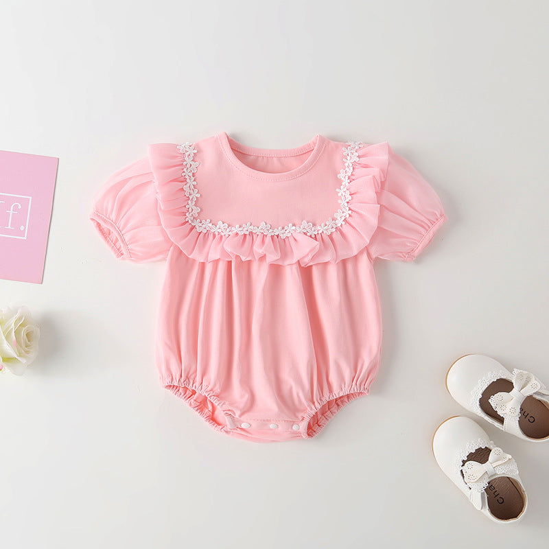 Baby Girl Round Collar Short-Sleeved Small Daisy Pattern Flounce Design Embroidered Onesies, MyKids-USA®, Baby & Toddler Outfits, MyKids-USA - Size/Age - 66 (3-6M) - Color - Pink -  -  - JM2203281451