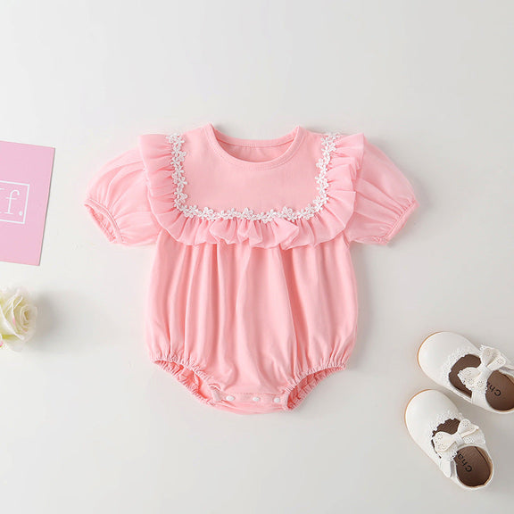 Baby Girl Round Collar Short-Sleeved Small Daisy Pattern Flounce Design Embroidered Onesies, MyKids-USA®, Baby & Toddler Outfits, MyKids-USA - Size/Age - 66 (3-6M) - Color - Pink -  -  - JM2203281451