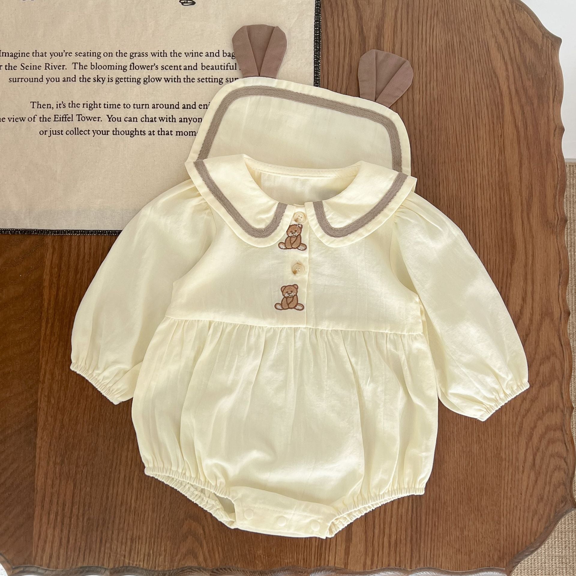 Baby Bear Embroidered Pattern Sailor Collar Long Onesie, MyKids-USA®, Baby One-Pieces, MyKids-USA - Size/Age - 66 (3-6M) - Color - Apricot -  -  - JM2208081856