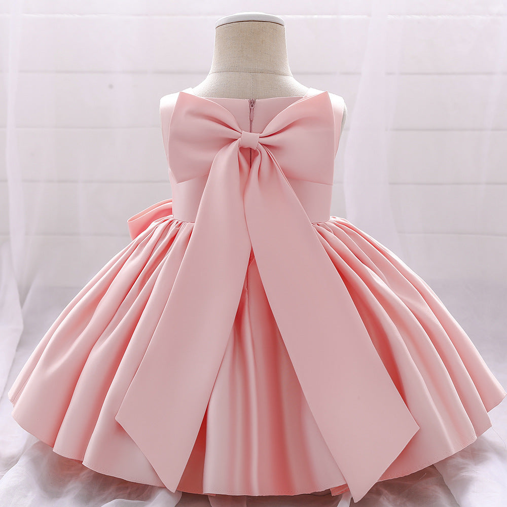 Baby Girl Solid Color Bow Patched Design Sleeveless Western Style Satin Dress, MyKids-USA®, Baby & Toddler Dresses, MyKids-USA -  -  -  -  -  -  - 