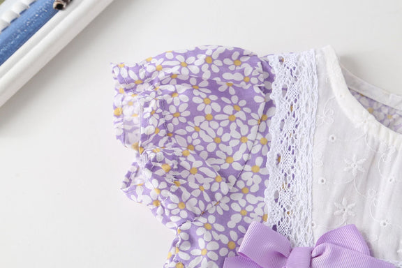 Baby Girl Floral Pattern Lace Patchwork Round Collar Short-Sleeved Colorful Cotton Onesies With Hat, MyKids-USA®, Baby & Toddler Outerwear, MyKids-USA -  -  -  -  -  -  - 