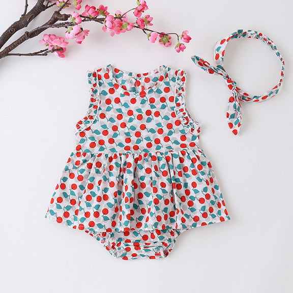 Baby Girl Cherry Print Sleeveless Onesies With Headband, MyKids-USA®, Baby & Toddler Outfits, MyKids-USA - Size/Age - 66 (3-6M) - Color - Red -  -  - SH2203241418