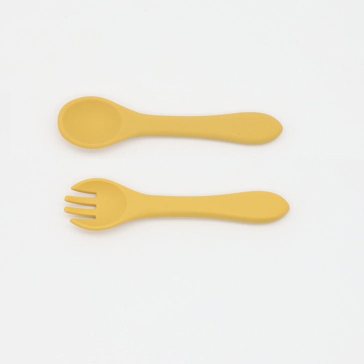 Baby Food Grade Complementary Food Training Silicone Spoon Fork Sets, MyKids-USA®, Spoon and Fork, MyKids-USA - Size/Age - Average Size (0-8Y) - Color - Yellow -  -  - JM2204211443-I