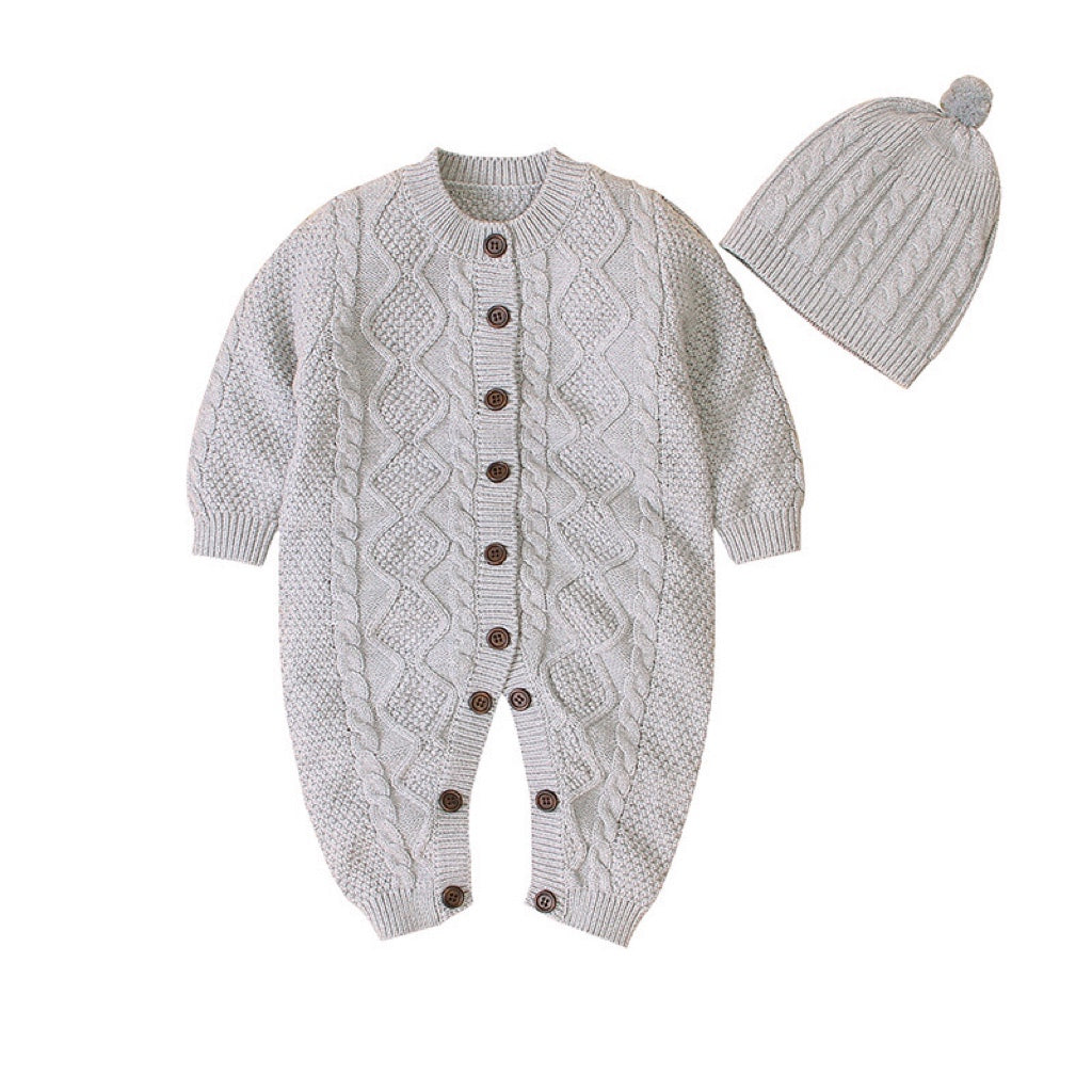 Baby Baby Cable Knitted Pattern Button Front Design Long Sleeve Warm Rompers & Hat, MyKids-USA®, Baby One-Pieces, MyKids-USA -  -  -  -  -  -  - 