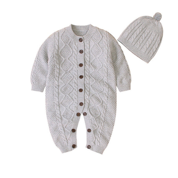 Baby Baby Cable Knitted Pattern Button Front Design Long Sleeve Warm Rompers & Hat, MyKids-USA®, Baby One-Pieces, MyKids-USA -  -  -  -  -  -  - 