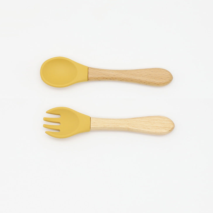 Baby Food Grade Wooden Handles Silicone Spoon Fork Cutlery, MyKids-USA®, Spoon and Fork, MyKids-USA - Size/Age - Average Size (0-8Y) - Color - Yellow -  -  - JM2204211432-J