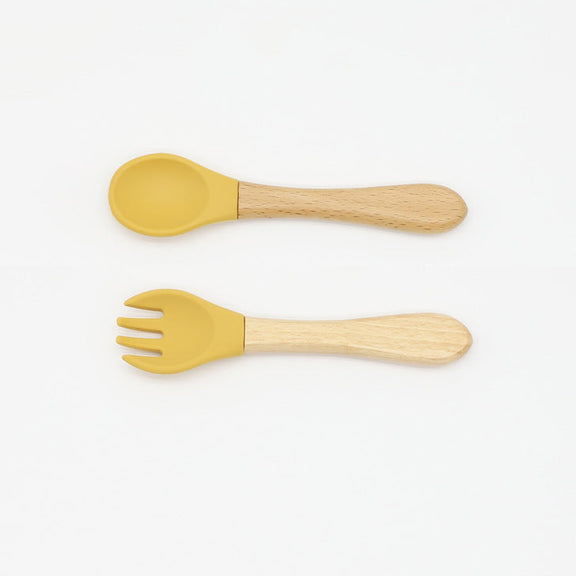 Baby Food Grade Wooden Handles Silicone Spoon Fork Cutlery, MyKids-USA®, Spoon and Fork, MyKids-USA - Size/Age - Average Size (0-8Y) - Color - Yellow -  -  - JM2204211432-J