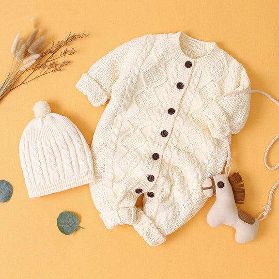 Baby Baby Cable Knitted Pattern Button Front Design Long Sleeve Warm Rompers & Hat, MyKids-USA®, Baby One-Pieces, MyKids-USA -  -  -  -  -  -  - 