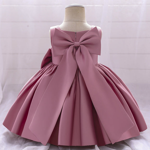 Baby Girl Solid Color Bow Patched Design Sleeveless Western Style Satin Dress, MyKids-USA®, Baby & Toddler Dresses, MyKids-USA -  -  -  -  -  -  - 