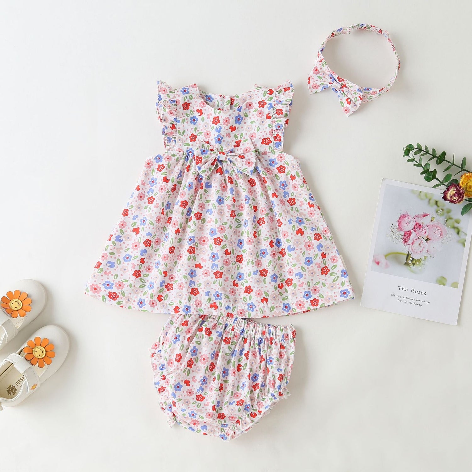Baby Girls Floral Print Pattern With Bow Tie Design Round Collar Sleeveless Princess Newborn Onesies Dress, MyKids-USA®, Baby & Toddler Outerwear, MyKids-USA - Size/Age - 66 (3-6M) - Color - Pink -  -  - JM2203311332