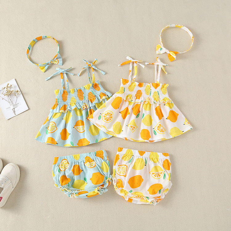 Baby Girl Lemon Fruit Print Sleeveless Dress Combo Short Pants In Sets, MyKids-USA®, Baby & Toddler Outerwear, MyKids-USA -  -  -  -  -  -  - 