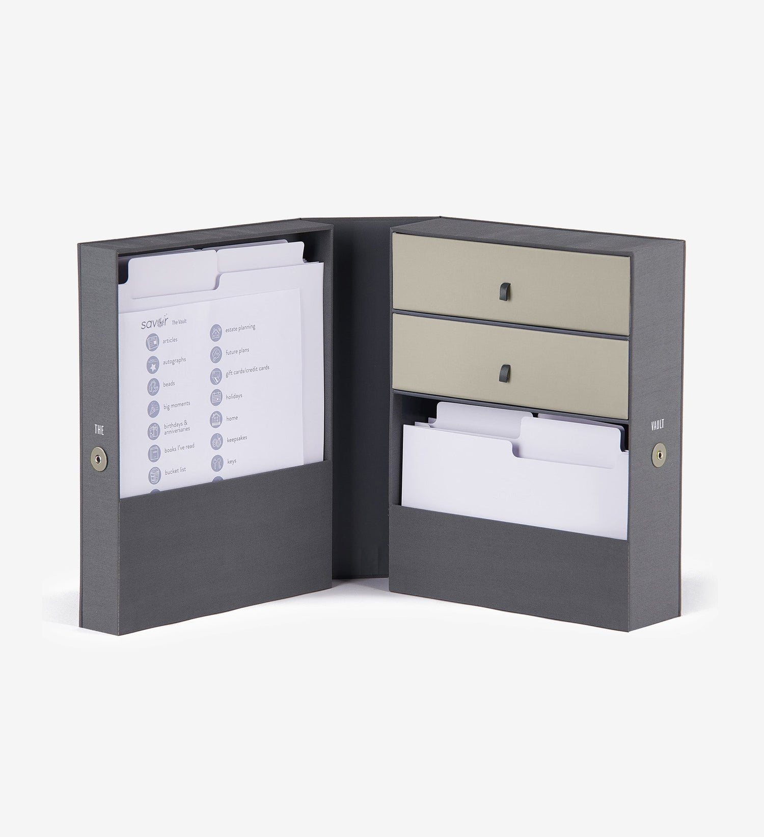 open slate baby vault keepsake box, with folders and labels.