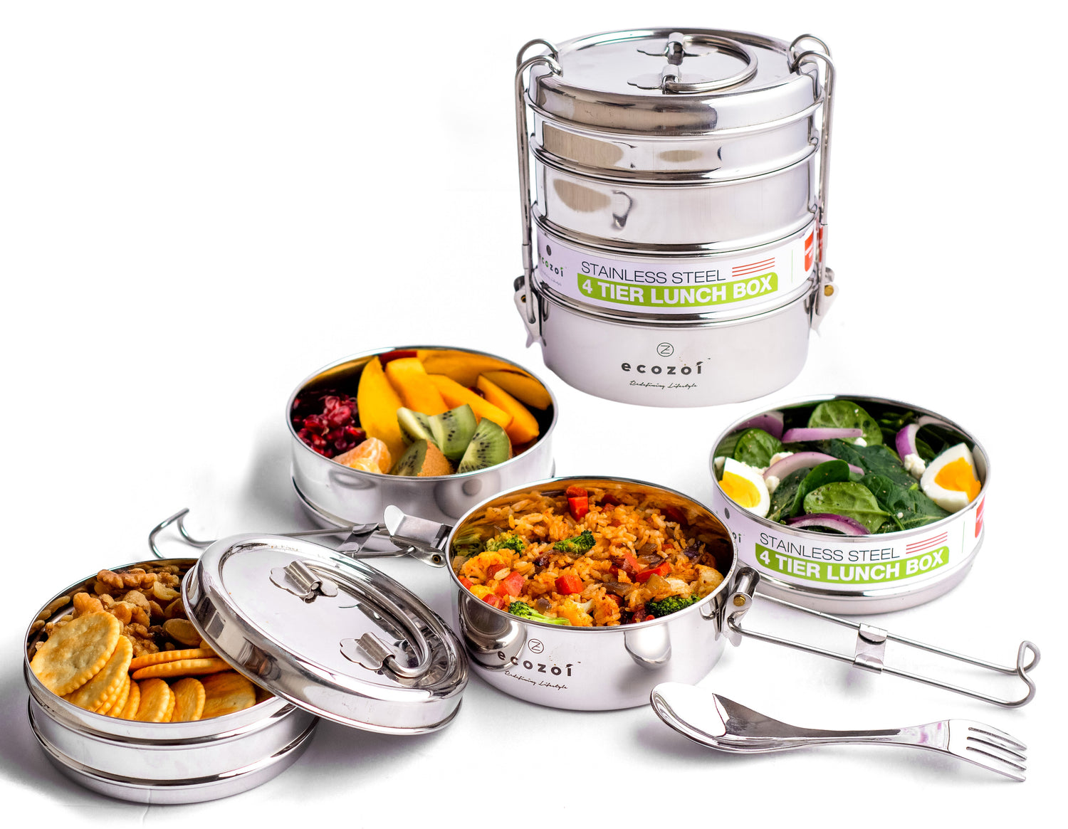 4 Tier Round Stainless Steel Eco Lunch Box with Spork, 55 Oz or 1600 ml freeshipping - ecozoi